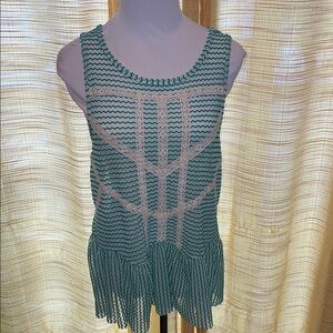 Green and White FP Pleated Sleeveless Tank Top | S